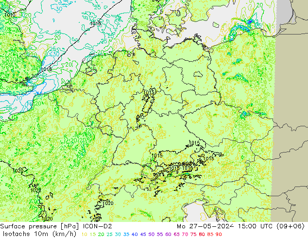 Isotachen (km/h) ICON-D2 Mo 27.05.2024 15 UTC