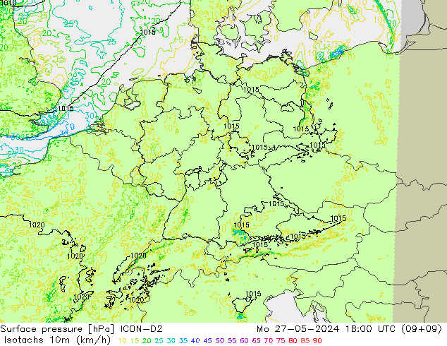 Eşrüzgar Hızları (km/sa) ICON-D2 Pzt 27.05.2024 18 UTC