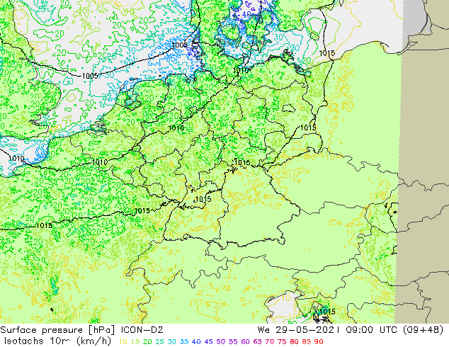 Isotachen (km/h) ICON-D2 wo 29.05.2024 09 UTC