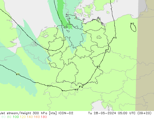 Corriente en chorro ICON-D2 mar 28.05.2024 05 UTC