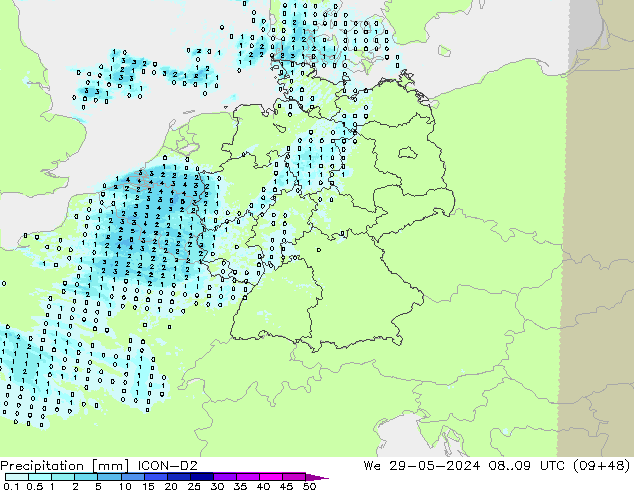 Precipitation ICON-D2 We 29.05.2024 09 UTC