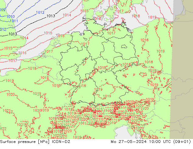 Pressione al suolo ICON-D2 lun 27.05.2024 10 UTC