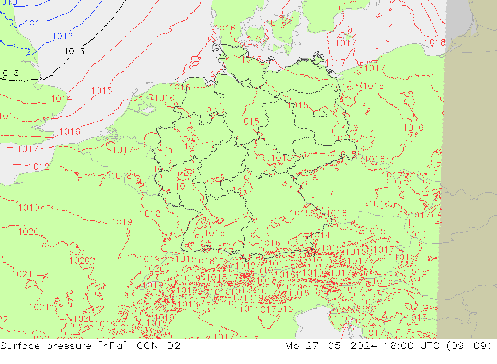 Surface pressure ICON-D2 Mo 27.05.2024 18 UTC