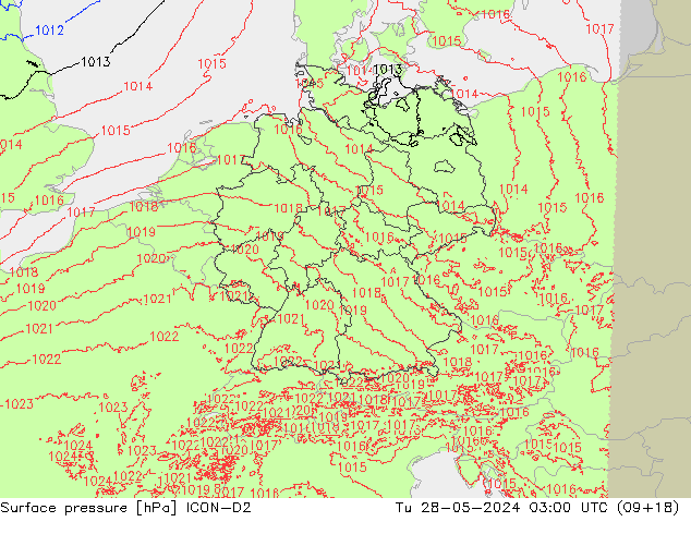 Atmosférický tlak ICON-D2 Út 28.05.2024 03 UTC