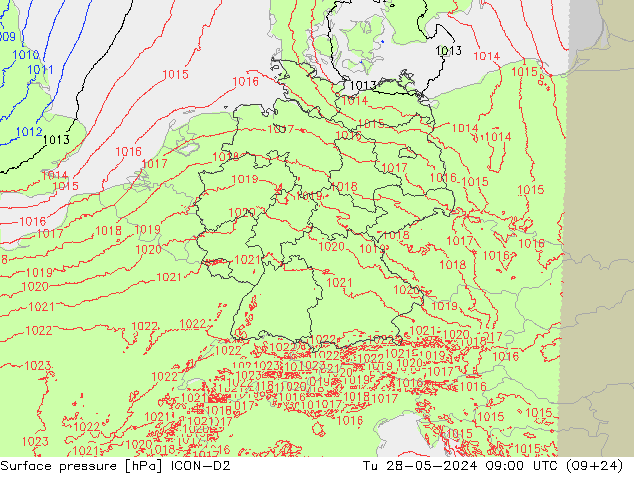 Atmosférický tlak ICON-D2 Út 28.05.2024 09 UTC