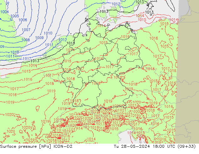 Surface pressure ICON-D2 Tu 28.05.2024 18 UTC