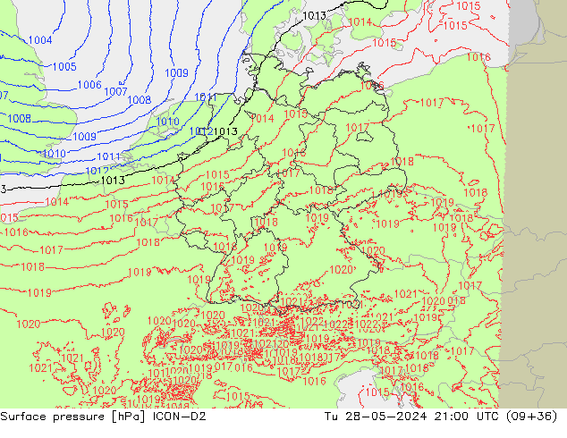 Atmosférický tlak ICON-D2 Út 28.05.2024 21 UTC