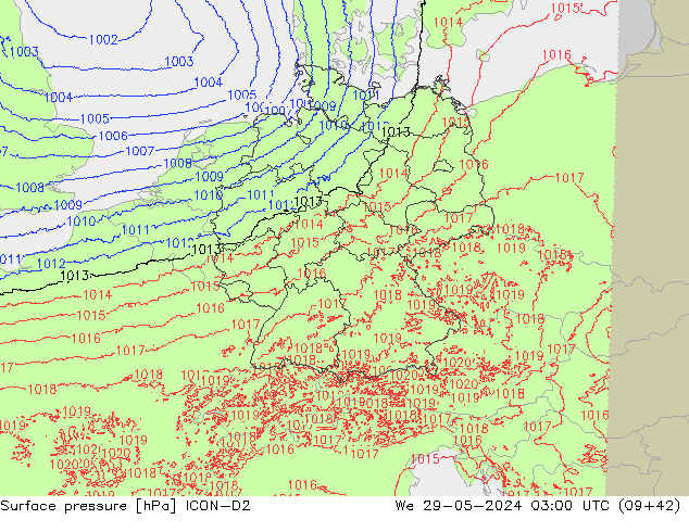 Surface pressure ICON-D2 We 29.05.2024 03 UTC