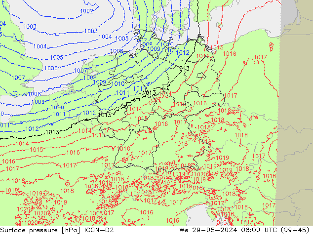 Surface pressure ICON-D2 We 29.05.2024 06 UTC