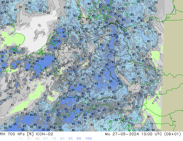 Humedad rel. 700hPa ICON-D2 lun 27.05.2024 10 UTC