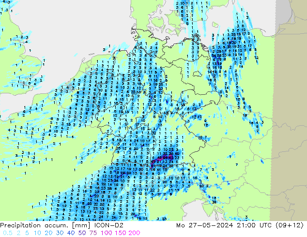 Precipitation accum. ICON-D2 Po 27.05.2024 21 UTC