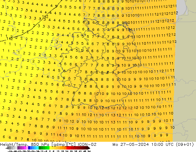 Height/Temp. 850 hPa ICON-D2 Mo 27.05.2024 10 UTC