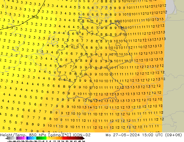 Height/Temp. 850 hPa ICON-D2 Seg 27.05.2024 15 UTC