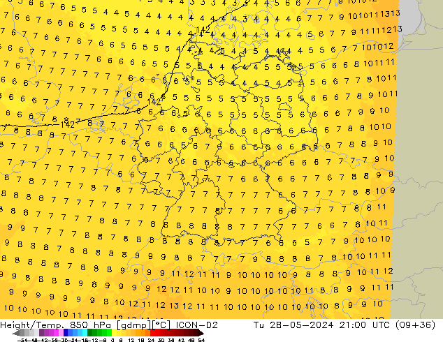 Height/Temp. 850 hPa ICON-D2 Tu 28.05.2024 21 UTC