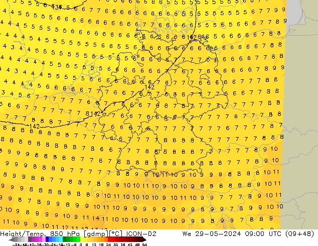 Height/Temp. 850 hPa ICON-D2 St 29.05.2024 09 UTC