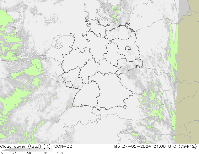 Cloud cover (total) ICON-D2 Mo 27.05.2024 21 UTC