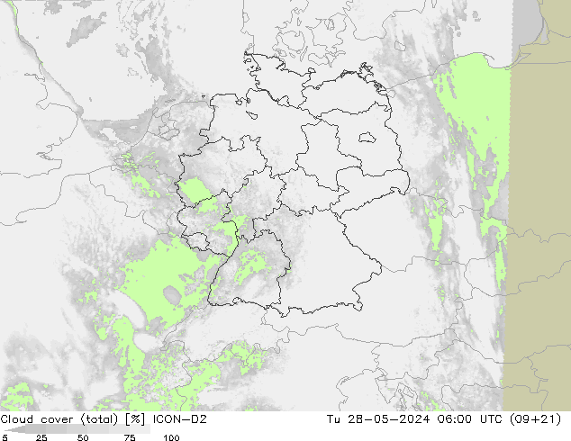 Wolken (gesamt) ICON-D2 Di 28.05.2024 06 UTC