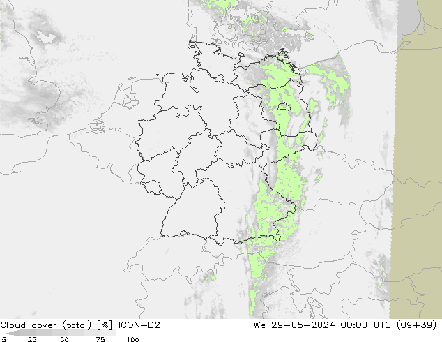 Cloud cover (total) ICON-D2 We 29.05.2024 00 UTC