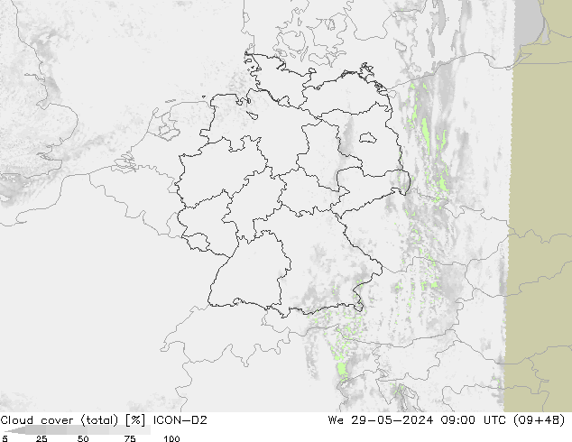 Cloud cover (total) ICON-D2 We 29.05.2024 09 UTC