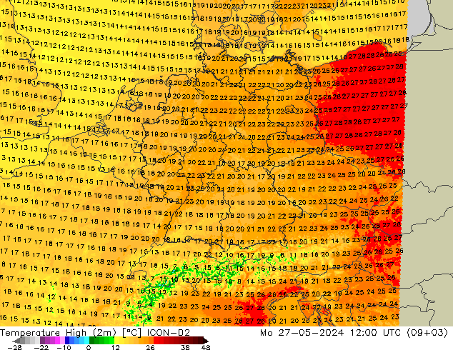 Temperature High (2m) ICON-D2 Mo 27.05.2024 12 UTC