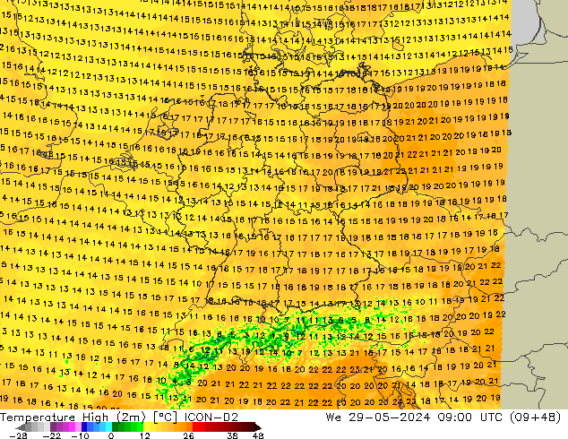 Темпер. макс 2т ICON-D2 ср 29.05.2024 09 UTC