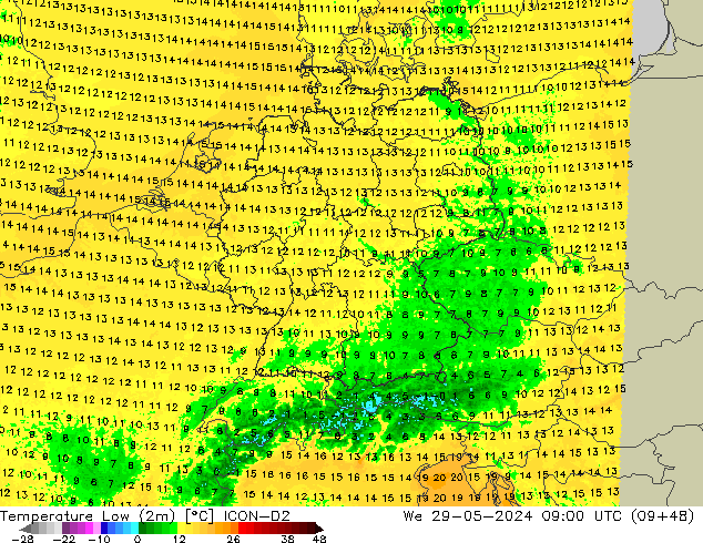 Min. Temperatura (2m) ICON-D2 śro. 29.05.2024 09 UTC