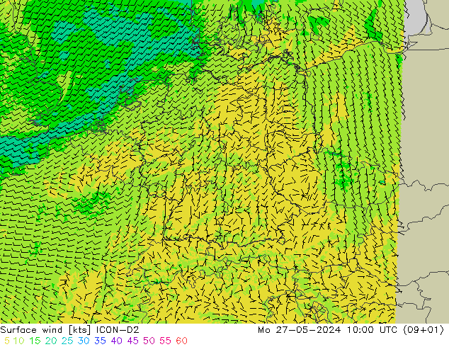 Viento 10 m ICON-D2 lun 27.05.2024 10 UTC