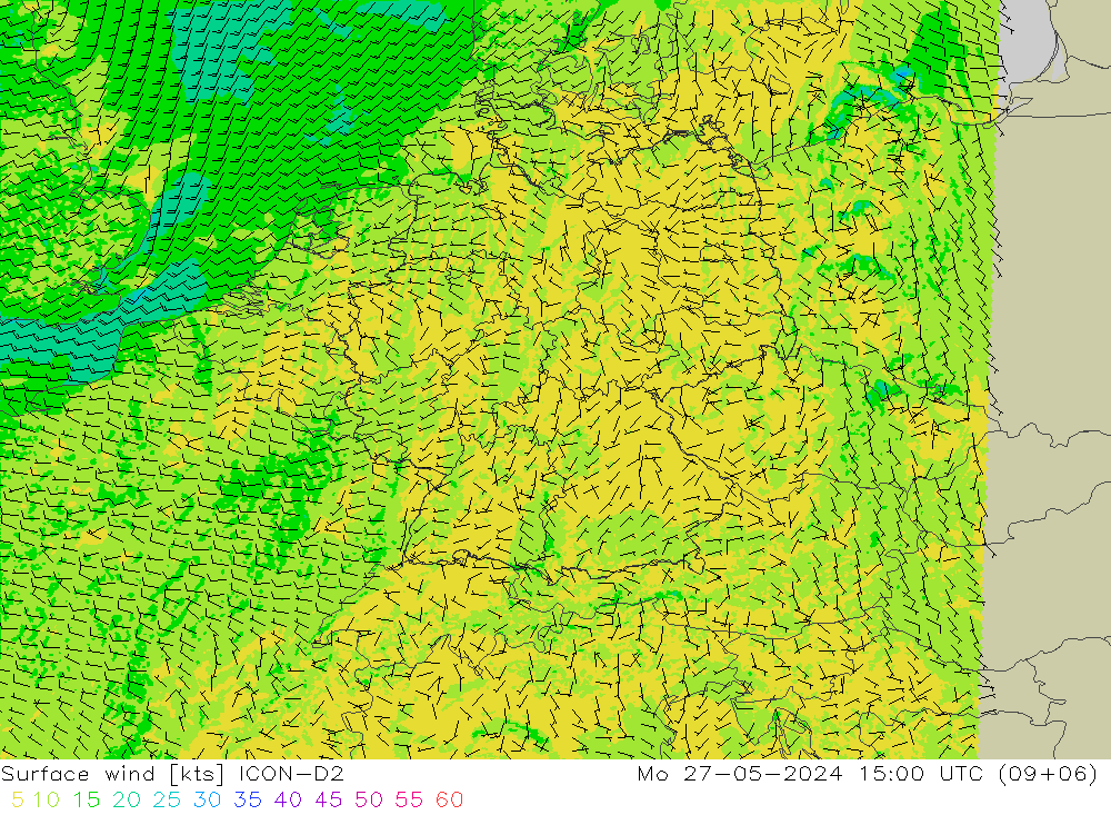 ветер 10 m ICON-D2 пн 27.05.2024 15 UTC