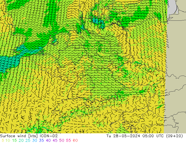 ветер 10 m ICON-D2 вт 28.05.2024 05 UTC
