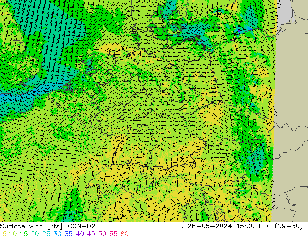 Viento 10 m ICON-D2 mar 28.05.2024 15 UTC