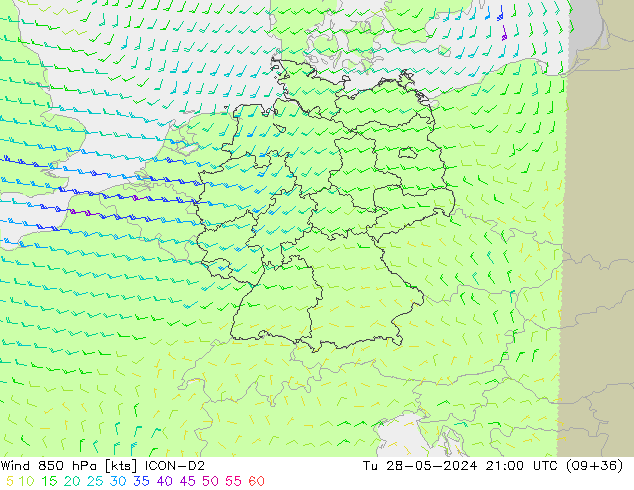 Wind 850 hPa ICON-D2 di 28.05.2024 21 UTC