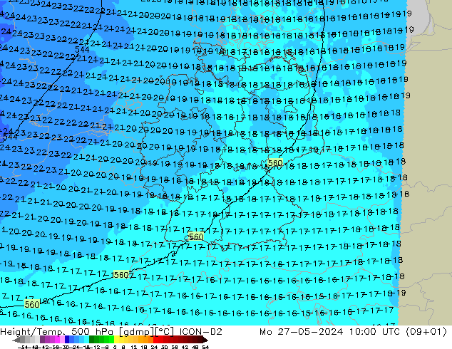 Hoogte/Temp. 500 hPa ICON-D2 ma 27.05.2024 10 UTC