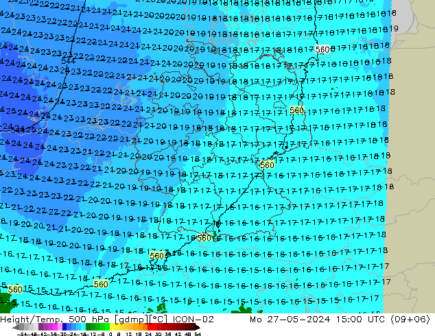 Height/Temp. 500 hPa ICON-D2 Mo 27.05.2024 15 UTC