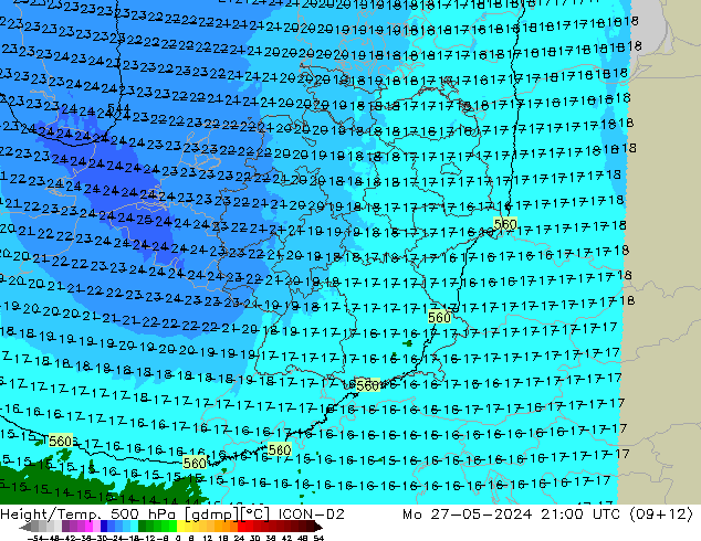 Height/Temp. 500 hPa ICON-D2 Mo 27.05.2024 21 UTC