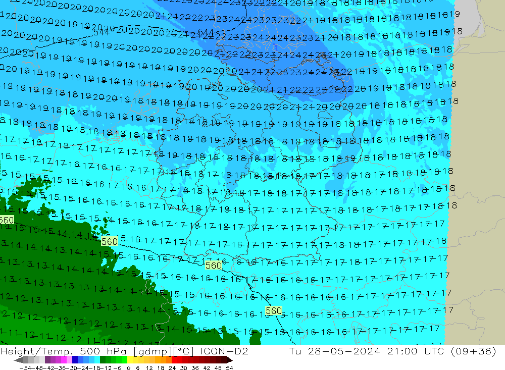 Geop./Temp. 500 hPa ICON-D2 mar 28.05.2024 21 UTC