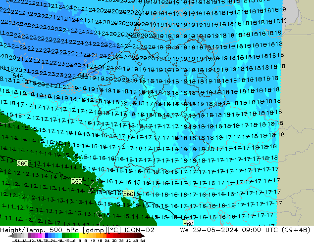 Height/Temp. 500 hPa ICON-D2 We 29.05.2024 09 UTC