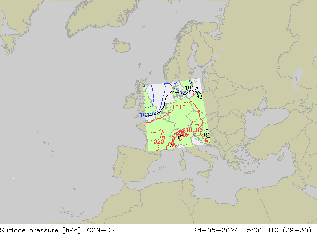 Surface pressure ICON-D2 Tu 28.05.2024 15 UTC