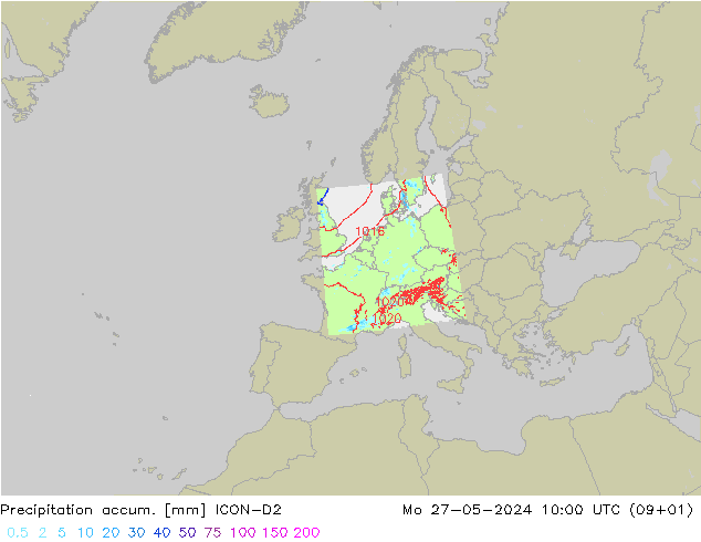 Precipitation accum. ICON-D2 星期一 27.05.2024 10 UTC