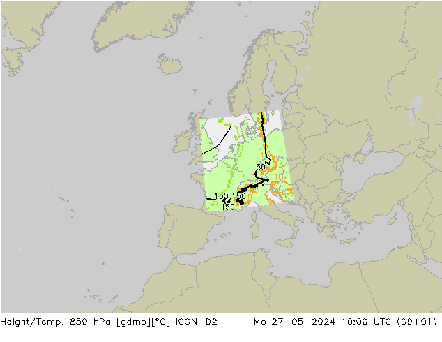 Height/Temp. 850 hPa ICON-D2 lun 27.05.2024 10 UTC