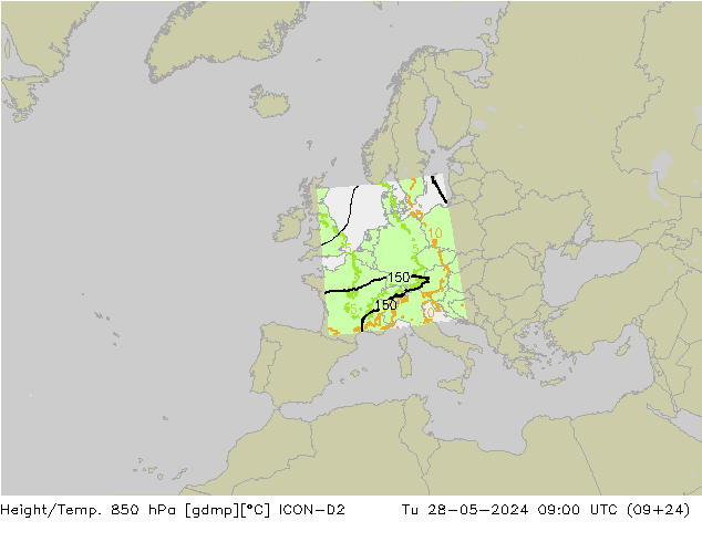 Height/Temp. 850 hPa ICON-D2 Tu 28.05.2024 09 UTC