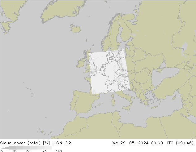 Cloud cover (total) ICON-D2 We 29.05.2024 09 UTC