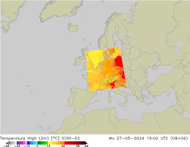 Temperature High (2m) ICON-D2 星期一 27.05.2024 15 UTC