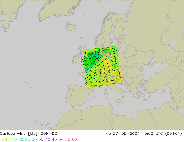 ветер 10 m ICON-D2 пн 27.05.2024 10 UTC