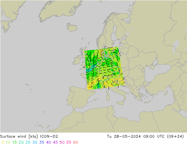 Viento 10 m ICON-D2 mar 28.05.2024 09 UTC