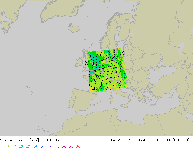 Surface wind ICON-D2 Út 28.05.2024 15 UTC