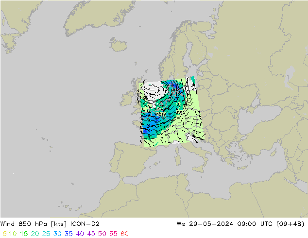 Wind 850 hPa ICON-D2 We 29.05.2024 09 UTC