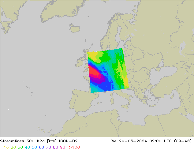 Ligne de courant 300 hPa ICON-D2 mer 29.05.2024 09 UTC