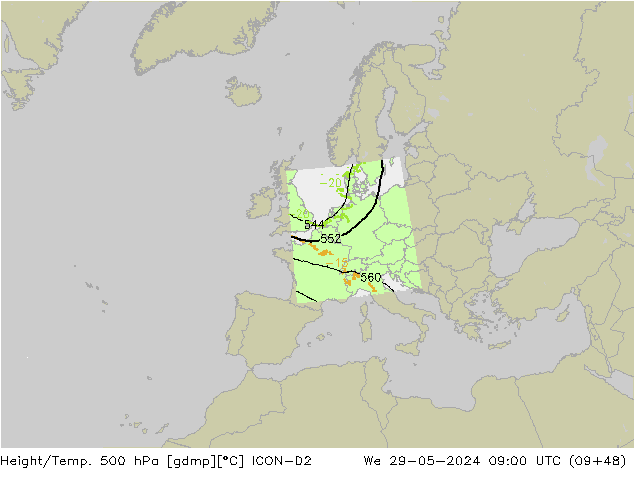 Height/Temp. 500 hPa ICON-D2 Mi 29.05.2024 09 UTC