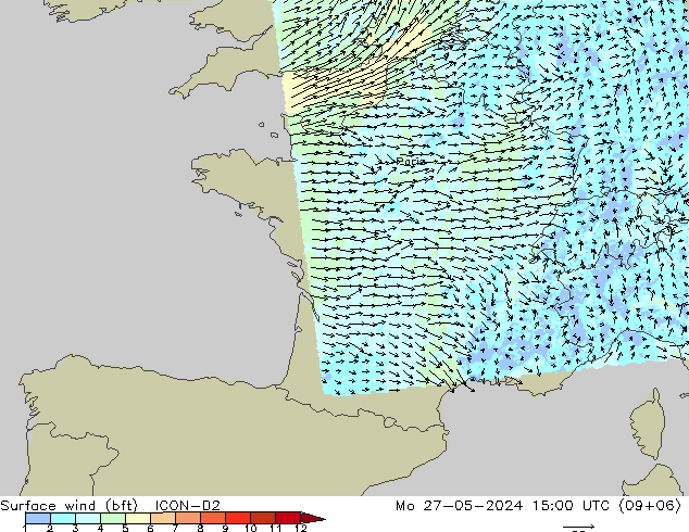 Surface wind (bft) ICON-D2 Mo 27.05.2024 15 UTC