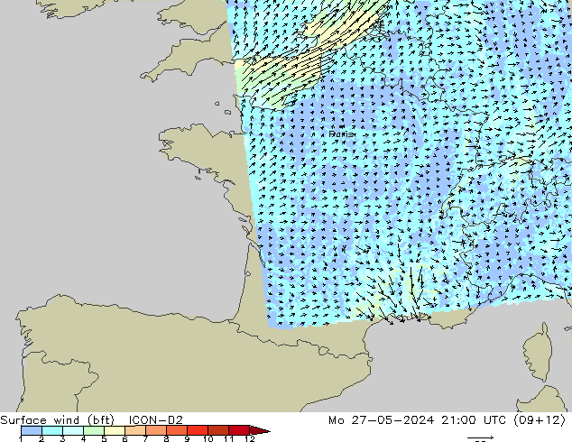 Surface wind (bft) ICON-D2 Mo 27.05.2024 21 UTC